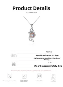 Macro detail of S925 silver rose pendant necklace featuring a 0.5ct moissanite center stone