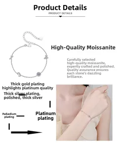 Detail of S925 sterling silver moissanite bracelet featuring unique charms and layered plating