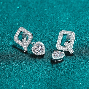 S925 sterling silver geometric heart earrings with sparkling moissanite stones
