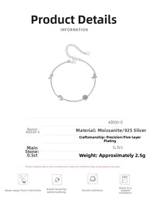 Detail of 925 silver bracelet featuring moissanite charms and polished finish details