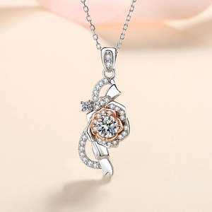 925 Sterling Silver Moissanite Zirconia Rose Necklace For Women Bi-color Flower Pendant Elegant Jewelry Valentine Day Gift