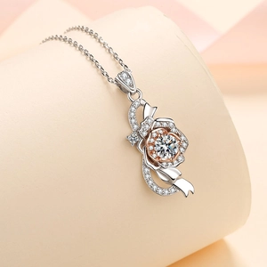 Elegant S925 sterling silver rose pendant necklace with sparkling moissanite stones