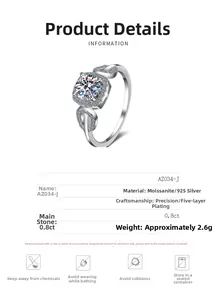 Detail view of 0.8ct moissanite S925 silver ring with leaf design and specifications