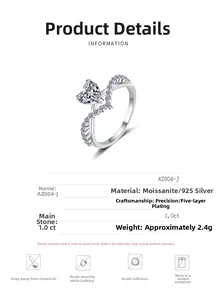 Detail view of 1.0ct heart moissanite S925 silver ring with v-shaped pave micro-diamonds