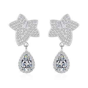 S925 silver maple leaf earrings with pear-shaped moissanite drops on white background