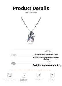 Detail view of heart and rectangle cut Moissanite pendant with S925 silver product specs