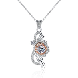 S925 sterling silver rose necklace with moissanite center stone and two-tone petals