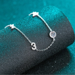 S925 sterling silver charm bracelet featuring moissanite accents and number 3 pendant
