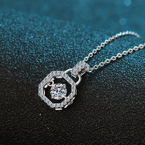 Octagonal S925 silver necklace with dancing moissanite stone on dark blue background