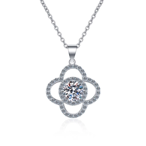 S925 sterling silver four-leaf clover necklace with round moissanite pendant and halo setting