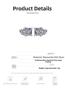 Detail view of S925 sterling silver stud earrings featuring 2.0ct heart and square moissanite