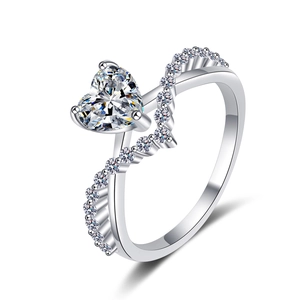 Elegant 1 carat heart-shaped moissanite ring with wavy pavé sterling silver band
