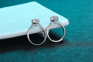 Macro side view of S925 sterling silver moissanite rings with classic six-prong setting
