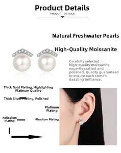 Detailed view of S925 sterling silver V-shape earrings with freshwater pearls and moissanite