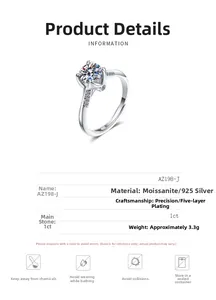 Macro shot of 925 sterling silver ring with 1ct moissanite in classic 4-prong setting