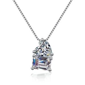 S925 sterling silver necklace featuring heart and emerald cut moissanite pendant charms