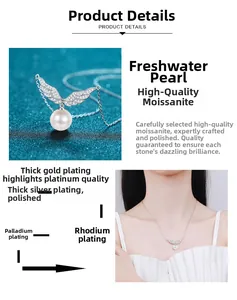 Detail of angel wing pendant with Moissanite and 10mm pearl necklace in S925 silver