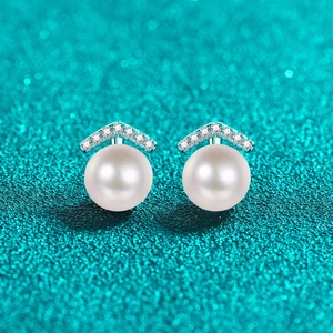 925 Sterling Silver Freshwater Pearl Moissanite Stud Earrings V-shaped Minimalist Elegant Earrings Jewelry For Women Gift