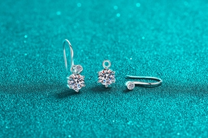 Detail of S925 sterling silver drop earrings featuring moissanite in a blue textured setting
