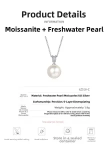 Detail of S925 silver necklace featuring a 10mm freshwater pearl and moissanite stone