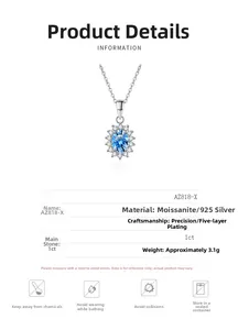 Vue détaillée du collier pendentif moissanite ovale bleu 1ct avec fiches techniques