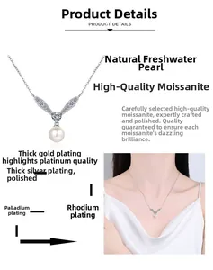 Détail du collier en argent S925 avec moissanite taille cœur et perle d'eau douce