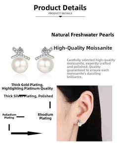 Detail of cross pearl earrings showing multilayer thick gold plating and model wearing