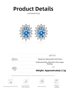 Macro shot of 1ct blue moissanite sunflower stud earring in S925 sterling silver