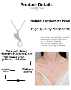 Detailed view of S925 silver necklace featuring Moissanite accents and a freshwater pearl