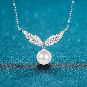 925 Sterling Silver Angel Wing Necklace With Moissanite And Freshwater Pearl Elegant Fashion Jewelry Gift For Women