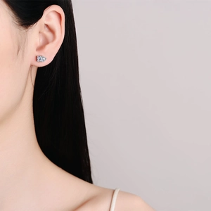 Elegant S925 sterling silver stud earrings with emerald cut moissanite worn by a model