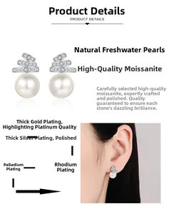 Macro detail of S925 silver moissanite stud earrings with elegant freshwater pearls