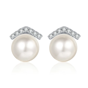 Elegant S925 sterling silver stud earrings featuring large white freshwater pearls and moissanite
