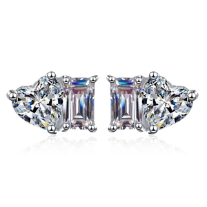 Elegant S925 sterling silver stud earrings featuring heart and baguette cut moissanite stones