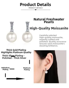 Detailed view of S925 sterling silver pearl earrings featuring Moissanite stone accents