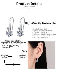 Close-up of moissanite earrings with 6-prong setting and premium rhodium plating detail