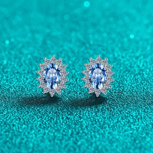 925 Sterling Silver Oval Blue Moissanite Stud Earrings For Women Elegant Geometric Halo Design Jewelry Valentine Day Gift