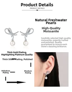 Detail of S925 silver bow earrings featuring moissanite stones and natural freshwater pearls