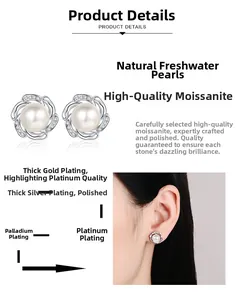 Detail of flower shaped S925 silver stud earring with freshwater pearl and moissanite