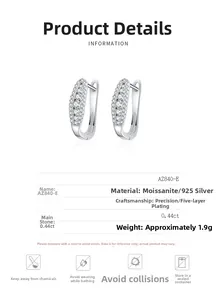 Detailed specs of S925 silver moissanite hoop earrings with dimensions and material info