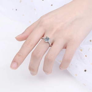 Classic S925 sterling silver moissanite ring with six-prong setting on hand