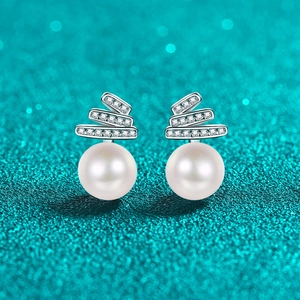S925 Sterling Silver Stud Earrings Featuring Round Freshwater Pearl And Moissanite For Women Luxurious Fashion Jewelry Gift