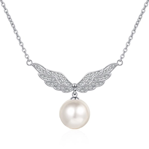 S925 sterling silver necklace featuring angel wing pendant with moissanite and 10mm pearl