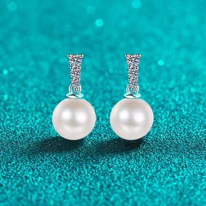 925 Sterling Silver Moissanite Freshwater Pearl Stud Earrings For Women Elegant Geometric Inlaid Rhinestone Drop Earrings Jewelry