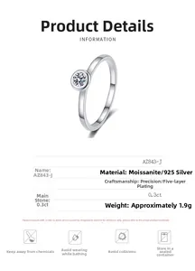 Macro view showing specifications of 0.3ct moissanite ring and 925 silver material details
