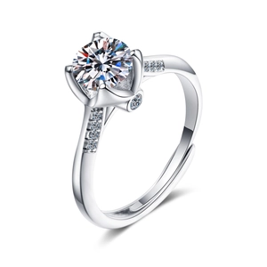 Classic 925 sterling silver moissanite ring with six-claw setting and sparkling accent stones