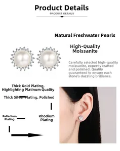 Macro detail of S925 silver sunflower earrings with moissanite and freshwater pearls