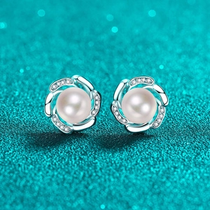 Camellia Flower Moissanite Artificial Pearl Earrings With 925 Sterling Silver Earring Post Swirl Elegant Design Jewelry For Women
