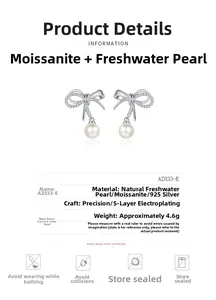 Detailed specs of S925 silver bow earrings with moissanite and freshwater pearls