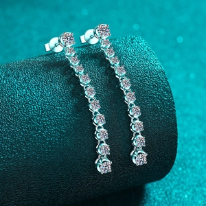 Elegant 925 sterling silver tassel drop earrings with eleven sparkling moissanite stones